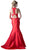 Cinderella Divine - Sleeveless Low V-Neck Satin Trumpet Evening Gown in Red