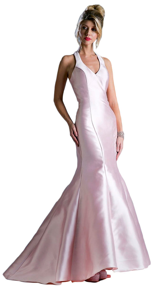 Cinderella Divine - Sleeveless Low V-Neck Satin Trumpet Evening Gown in Pink