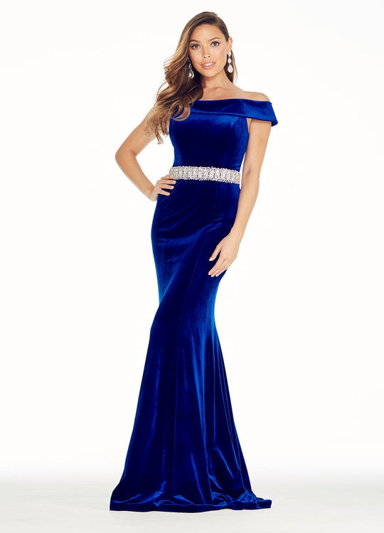 Ashley Lauren - 1303 Off the Shoulder Velvet Evening Dress in Blue