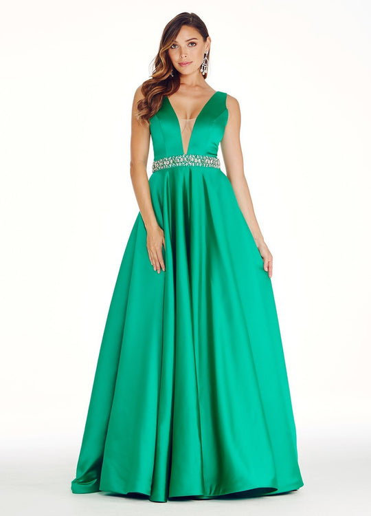 Ashley Lauren - 1304 Crystal Embellished Deep V-neck Ballgown in Green