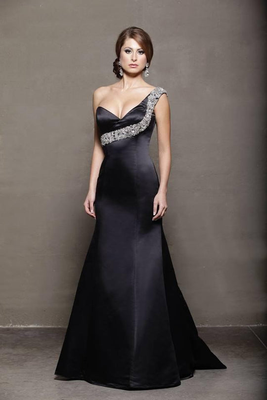 Ashley Lauren - 1008 Embellished One Shoulder Trumpet Dress in Black