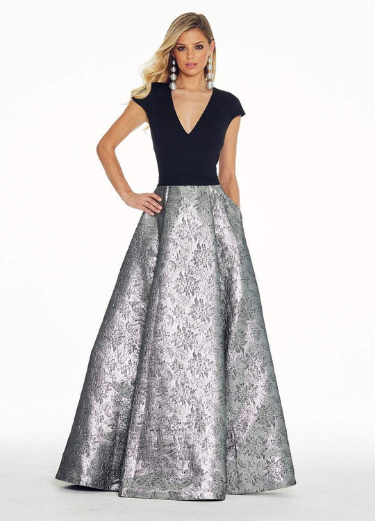 Ashley Lauren - 1308 Fitted Cap Sleeves Brocade Ballgown in Gray