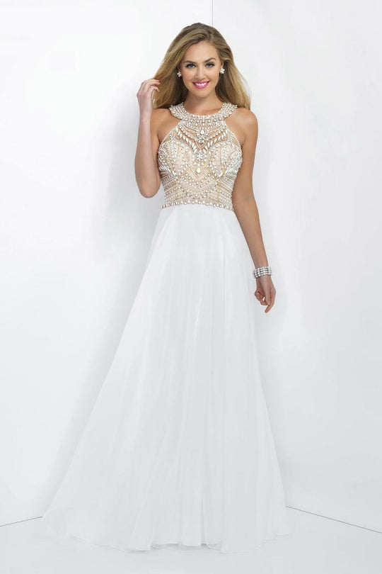 Intrigue - Bejeweled Illusion Halter Neck A-line  Dress 130 in White