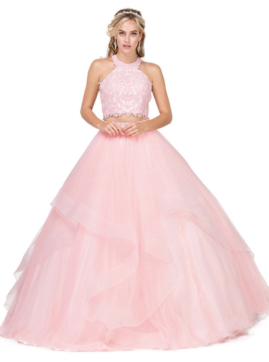 Dancing Queen - 1310 Two Piece Beaded Lace Halter Quinceanera Ballgown in Pink
