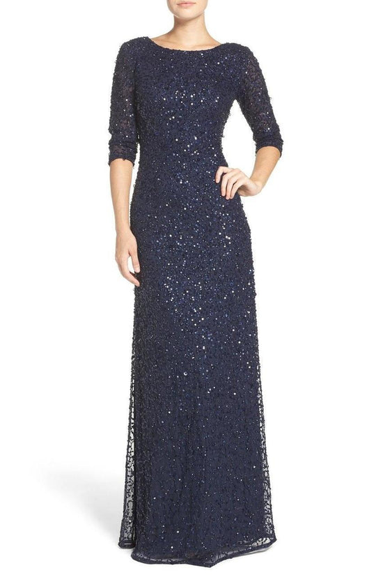 Adrianna Papell - 91919970 Quarter Sleeves Sequined Evening Dress in Blue