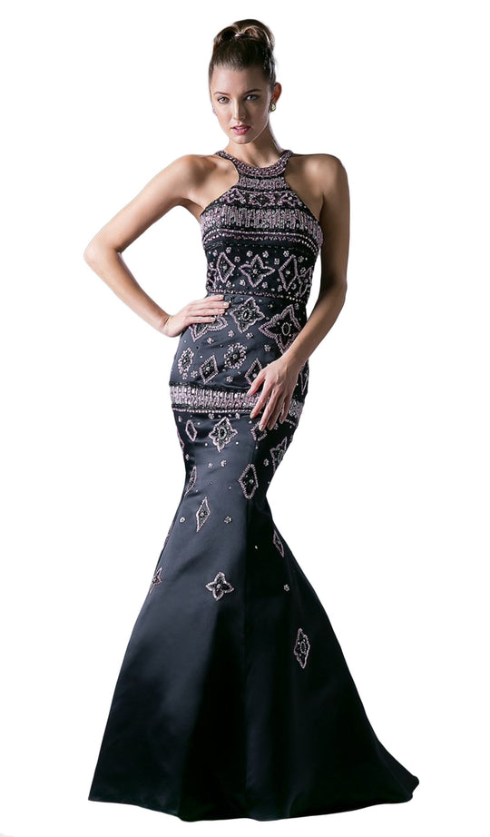 Cinderella Divine - 13118 Beaded High Halter Satin Mermaid Gown In Black and Pink