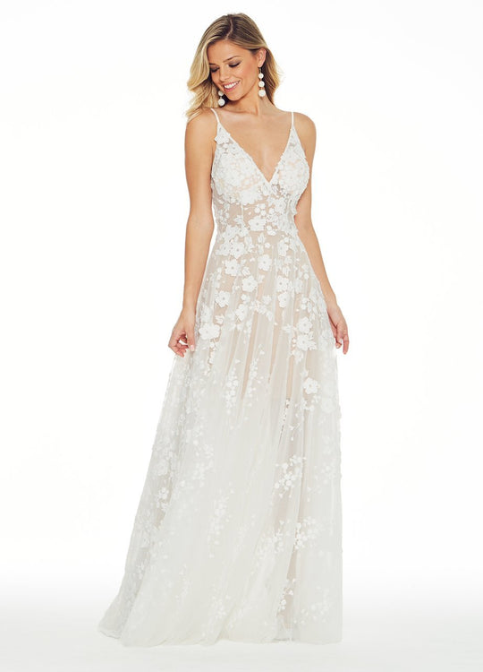 Ashley Lauren - 1311 Embroidered Plunging V-neck Organza A-line Dress in White