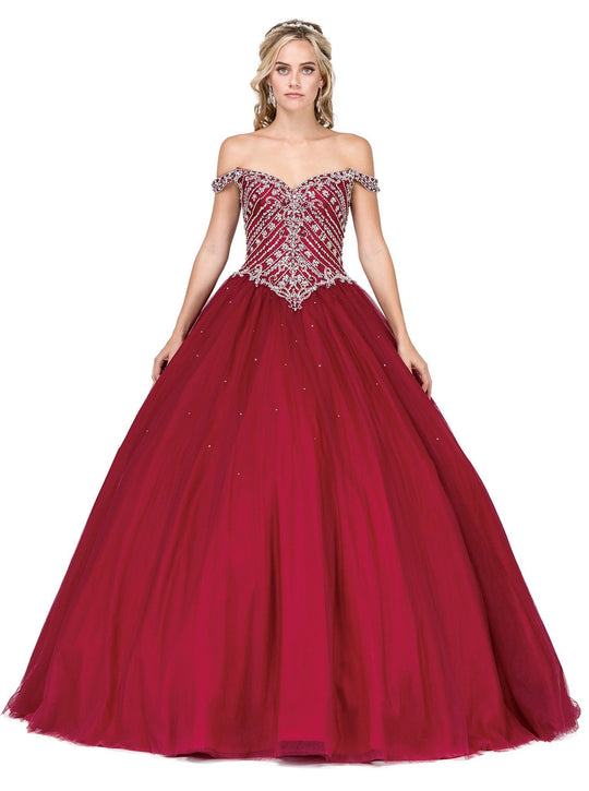 Dancing Queen - 1312 Jeweled Off-Shoulder Ballgown With Train In Red