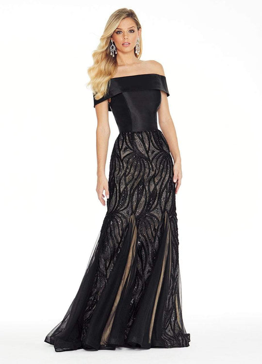 Ashley Lauren - 1312 Off Shoulder Fitted Embroidered Tulle Gown in Black