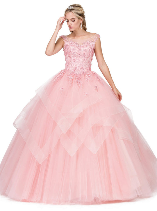 Dancing Queen - 1321 Floral Applique Bateau Ballgown In Pink