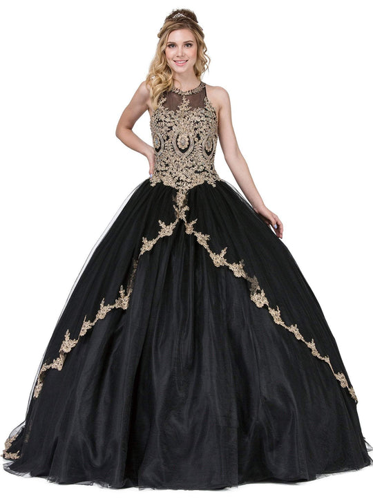 Dancing Queen - 1326 Gilded Illusion Halter Quinceanera Ballgown In Black