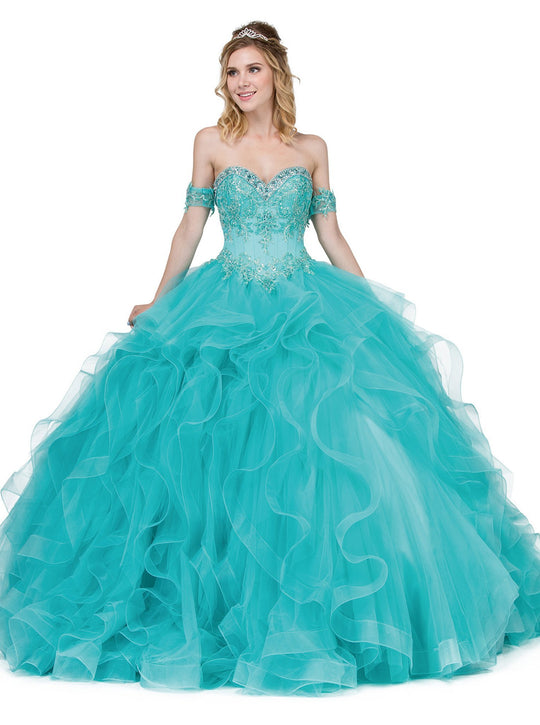 Dancing Queen - 1327 Applique Offshoulder Ruffled Quinceanera Ballgown