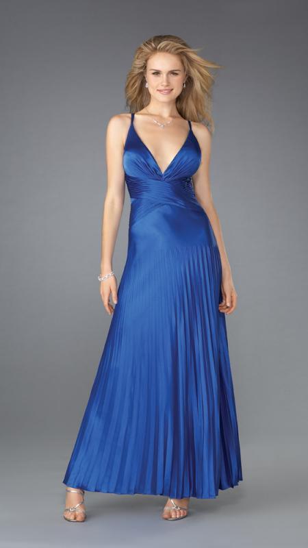 La Femme - Stunning Pleated V-Neck A-Line Dress 13281 in Blue