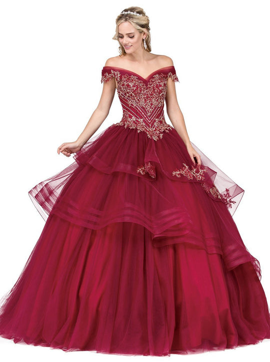 Dancing Queen - 1330 Gilt Appliqued Off Shoulder Ballgown In Red