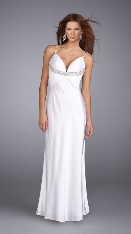 La Femme - Sensational Bejeweled V-Neck Sheath Dress 13308 in White