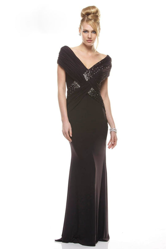 Janique  1332  Off Shoulder Dress in Brown