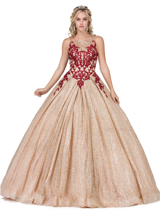 Dancing Queen - 1334 Two Tone Embellished Halter Ballgown In Gold and Red