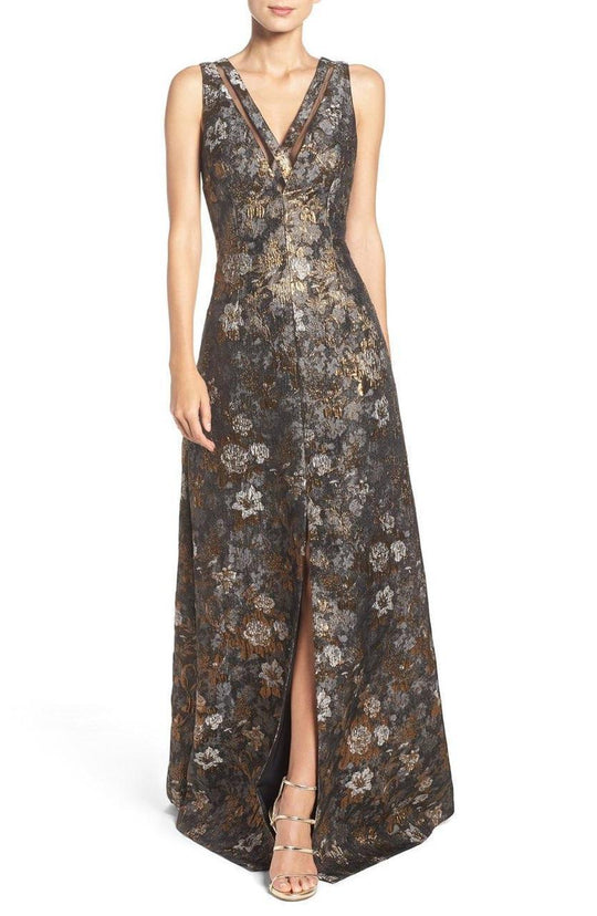 Aidan Mattox V-Neck Printed Jacquard Evening Dress MD1E200300 In Brown