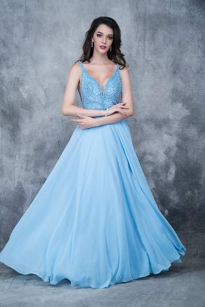 Nina Canacci - Beaded Deep V-neck A-line Dress 1336 In Blue