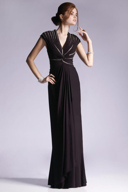 Janique 1337 - Cap Sleeve  Long Jersey Twist Gown in Black