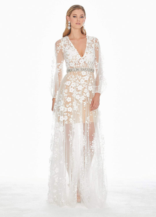 Ashley Lauren - 1338 Floral Applique Plunging V-neck A-line Dress In White and Nude