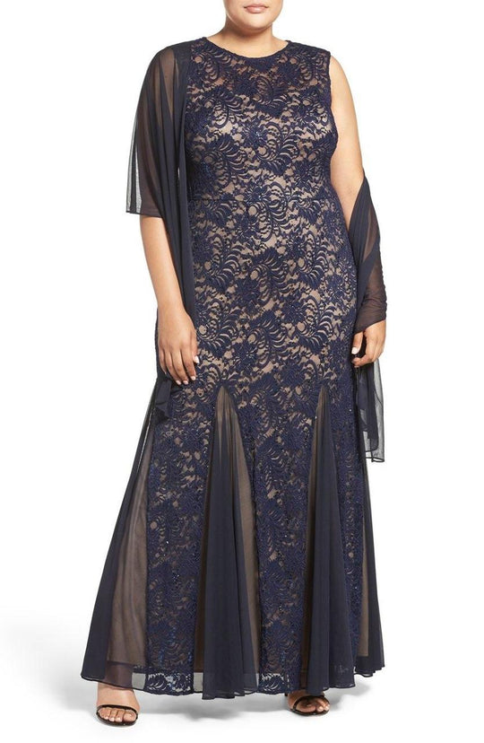 Alex Evenings - Illusion Neckline Long Lace Dress 4121551 in Blue and Neutral