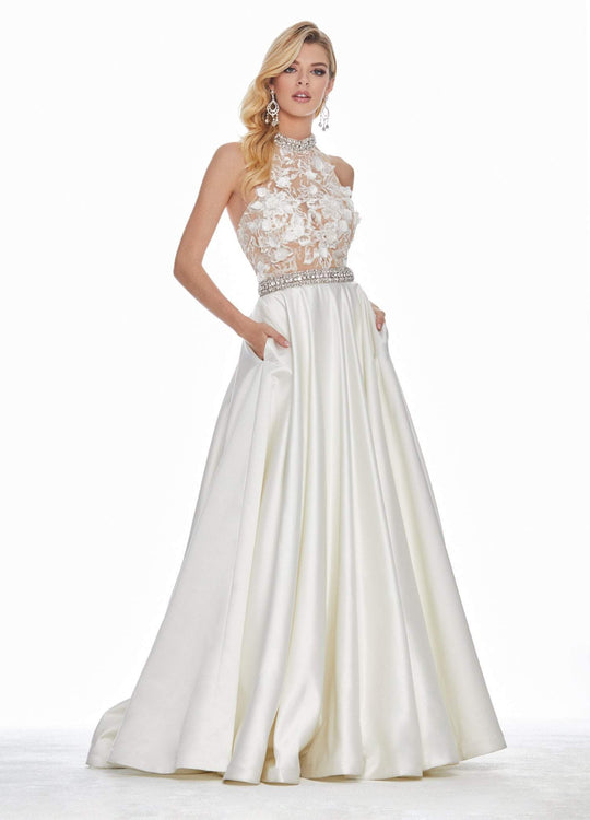 Ashley Lauren - 1340 Applique High Halter Satin Ballgown In White