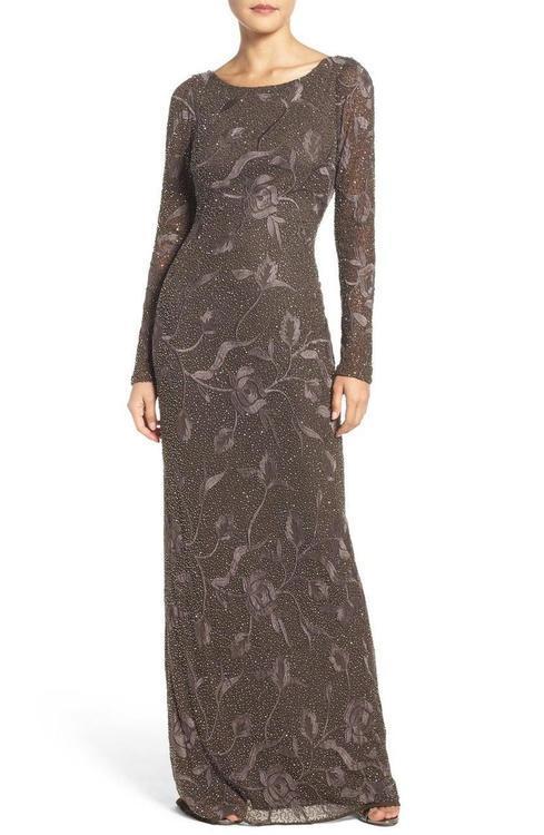 Aidan Mattox - MD1E200365 Floral Embroidered Sheath Dress in Brown