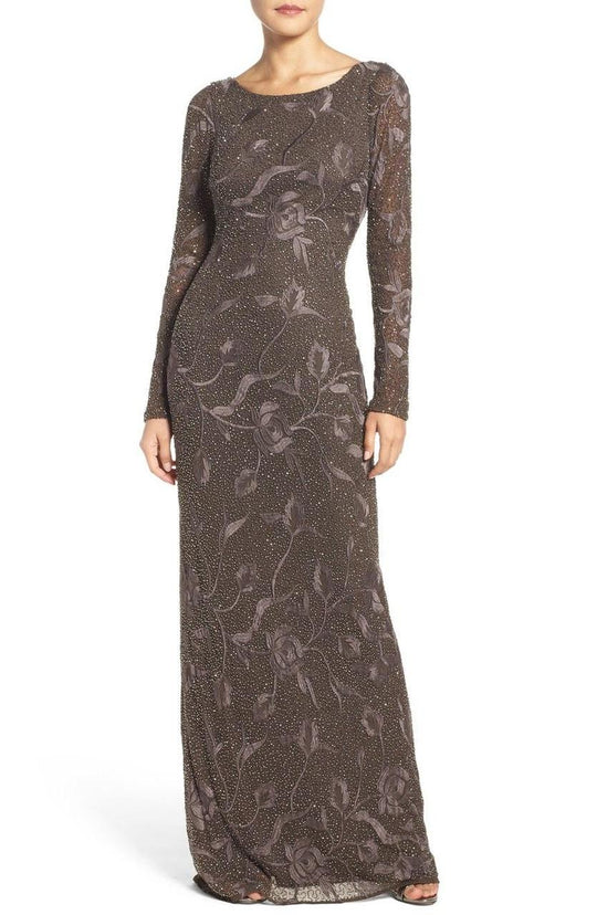 Aidan Mattox - Beaded and Embroidered Mesh Long Dress MD1E200365 in Brown