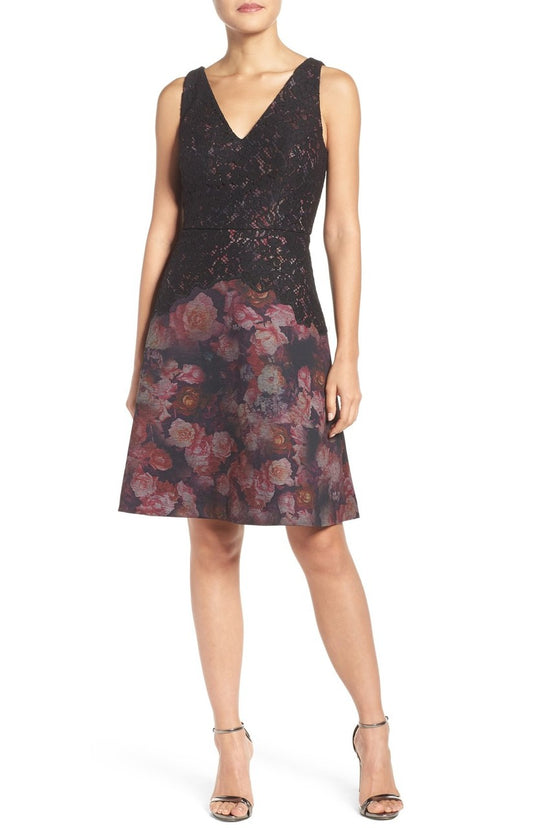 Adrianna Papell - AP1D100406 Sleeveless V-Neck Lace Dress in Pink and Multi-Color