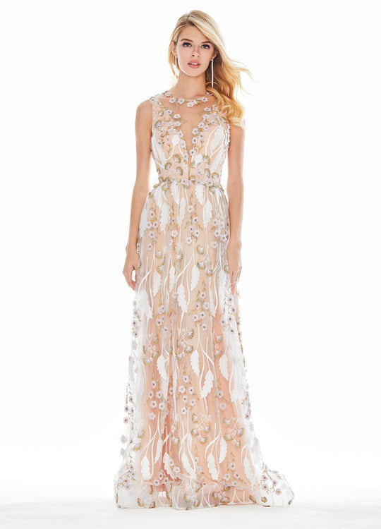 Ashley Lauren - 1344 Floral Applique Jewel Neck A-line Dress In Multi-Color