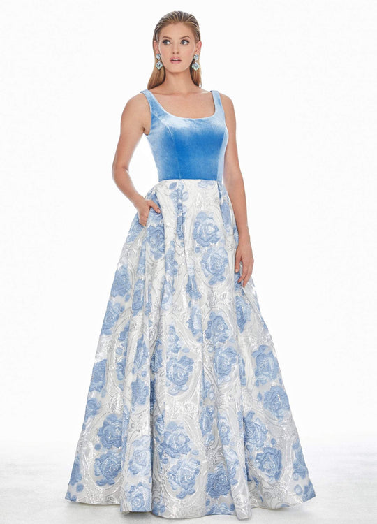 Ashley Lauren - 1345 Sleeveless Metallic Brocade Floral Ballgown In Blue and Multi-Color