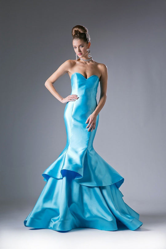 Cinderella Divine - 13480 Strapless Tiered Mermaid Evening Gown In Blue