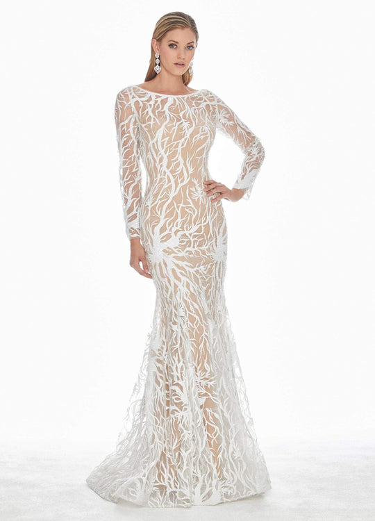 Ashley Lauren - 1349 Sequined Long Sleeve Bateau Trumpet Dress In White and Neutral