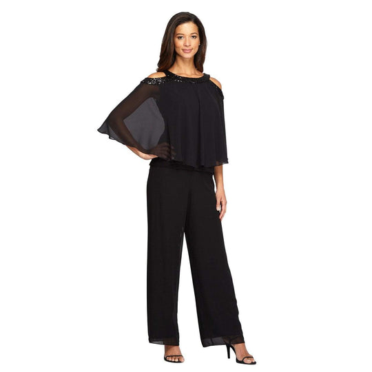 Alex Evenings - Embellished Bateau Shoulder Cut Out Pantsuit 1351364 in Black