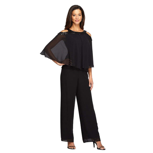 Alex Evenings - 1351364 Embellished Bateau Shoulder Cut Out Pantsuit in Black