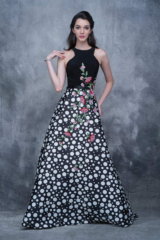 Nina Canacci - 1358 Printed Halter A-line Dress In Black and Print