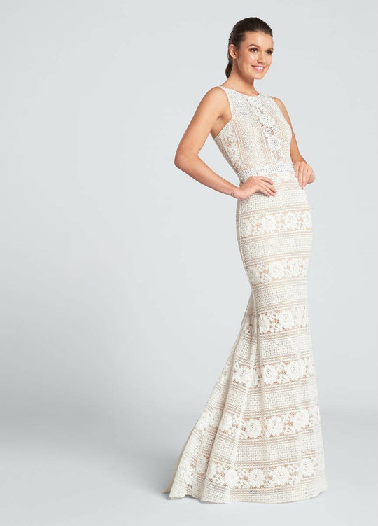 Ellie Wilde - EW21714 Sleeveless Lace Floral Sheath Long Dress in White and Neutral