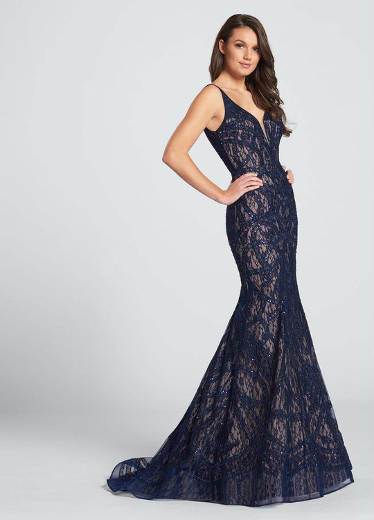 Ellie Wilde - EW21719 Beaded Sleeveless V Neck Lace Mermaid Gown in Blue and Neutral