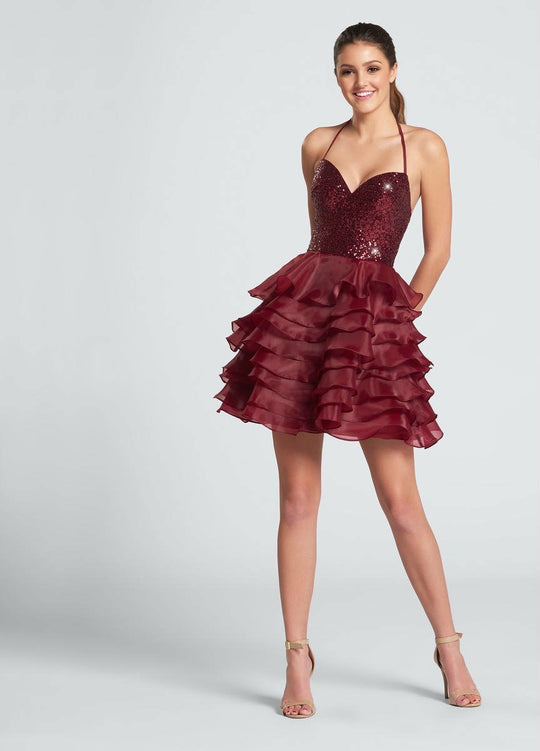 Ellie Wilde - EW21727S Halter Layered and Ruffled Cocktail Dress in Red