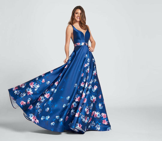 Ellie Wilde - EW21745 Floral Print V-neck Ballgown in Blue and Multi-Color