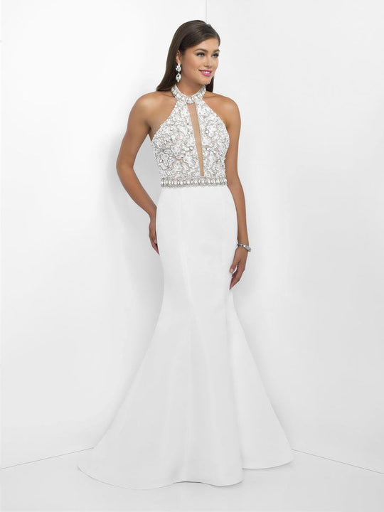 Intrigue - Beaded High Neckline Mermaid  Dress 135 in White