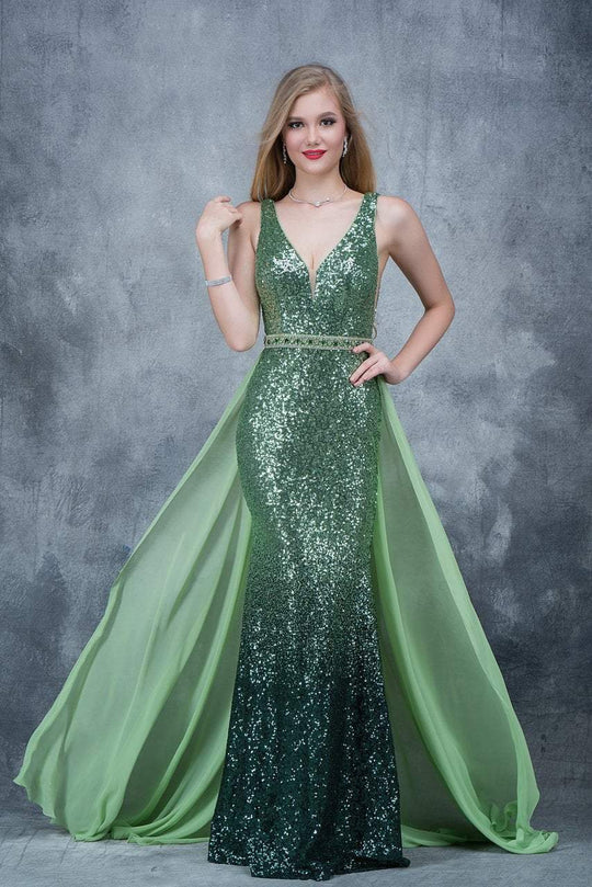 Nina Canacci - 1360 Sequined Deep V-neck Sheath Dress In Green