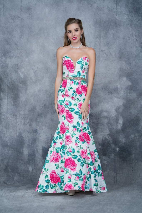Nina Canacci Floral Deep Sweetheart Mermaid Dress 1362 In White and Print