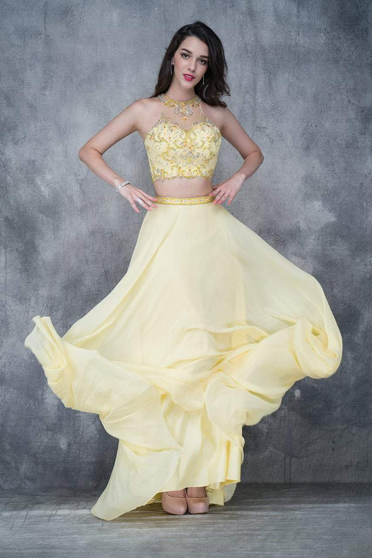 Nina Canacci - 1365 Embellished Illusion Halter A-line Dress In Yellow