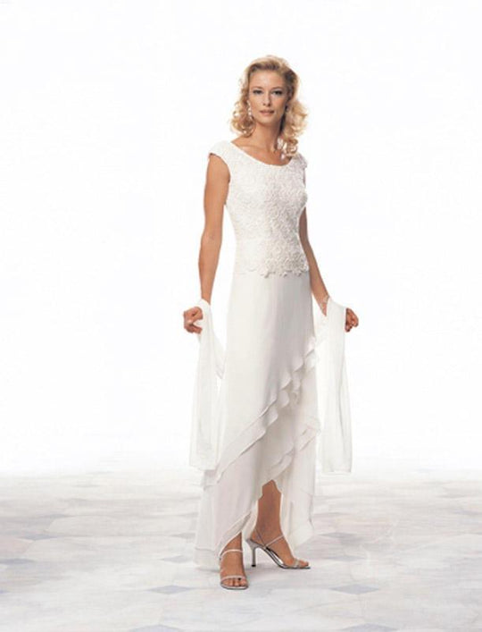Mon Cheri - Bateau Laced Bodice Long Dress in White