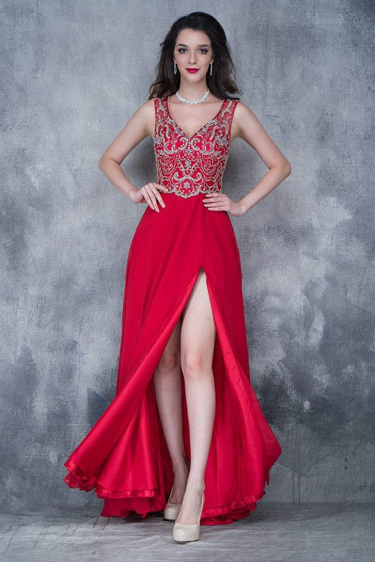 Nina Canacci - 1367 Embellished V-neck A-line Dress In Red