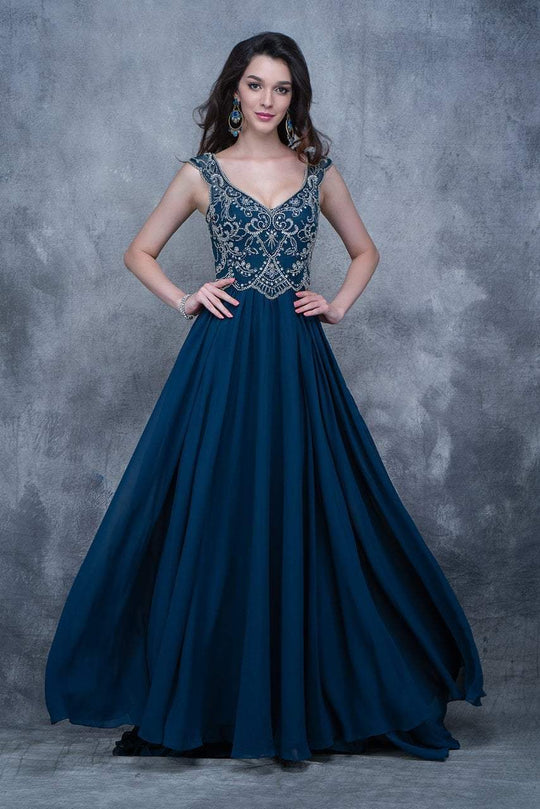 Nina Canacci - 1368 Bejeweled V-neck A-line Dress In Blue