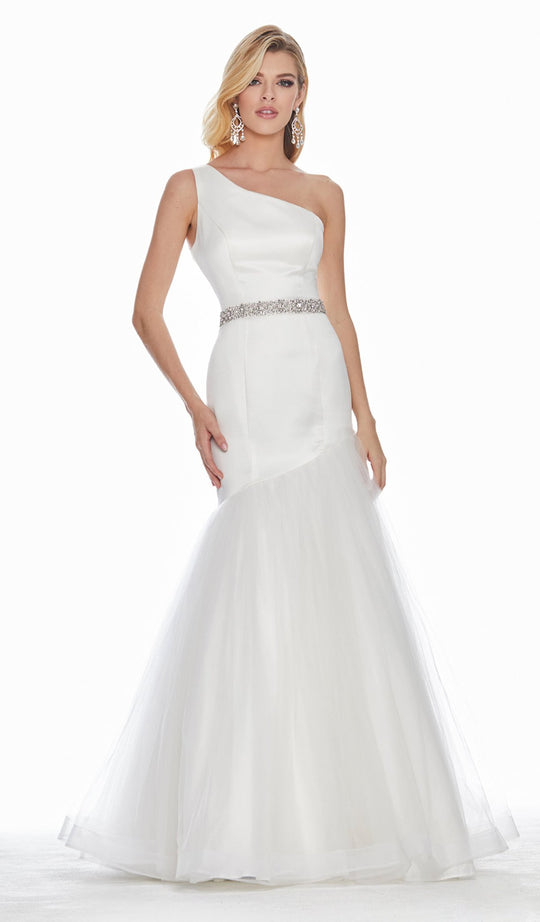 Ashley Lauren - 1368 Embellished One Shoulder Satin Tulle Dress In White