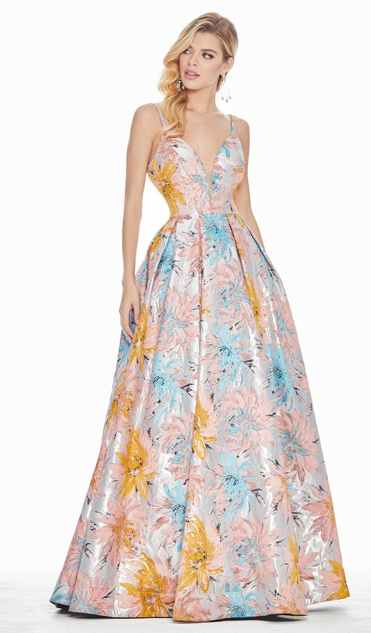 Ashley Lauren - 1369 Deep V-neck Brocade Pleated Ballgown Dress In Multi-Color